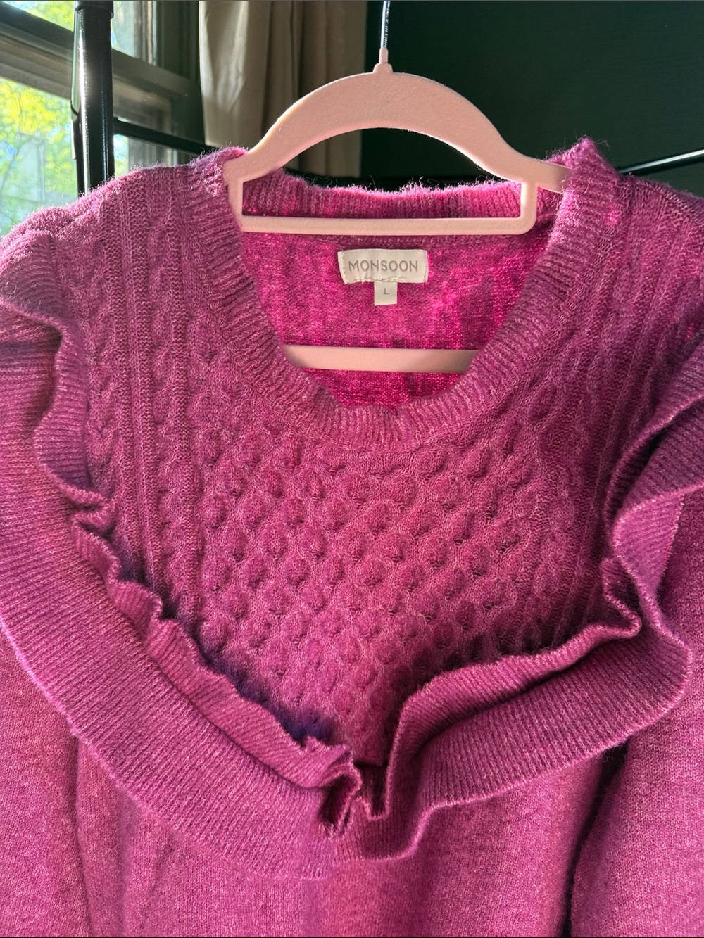 Monsoon Pink Raspberry Cable & Ruffle Detail Sweater - Picture 2 of 7